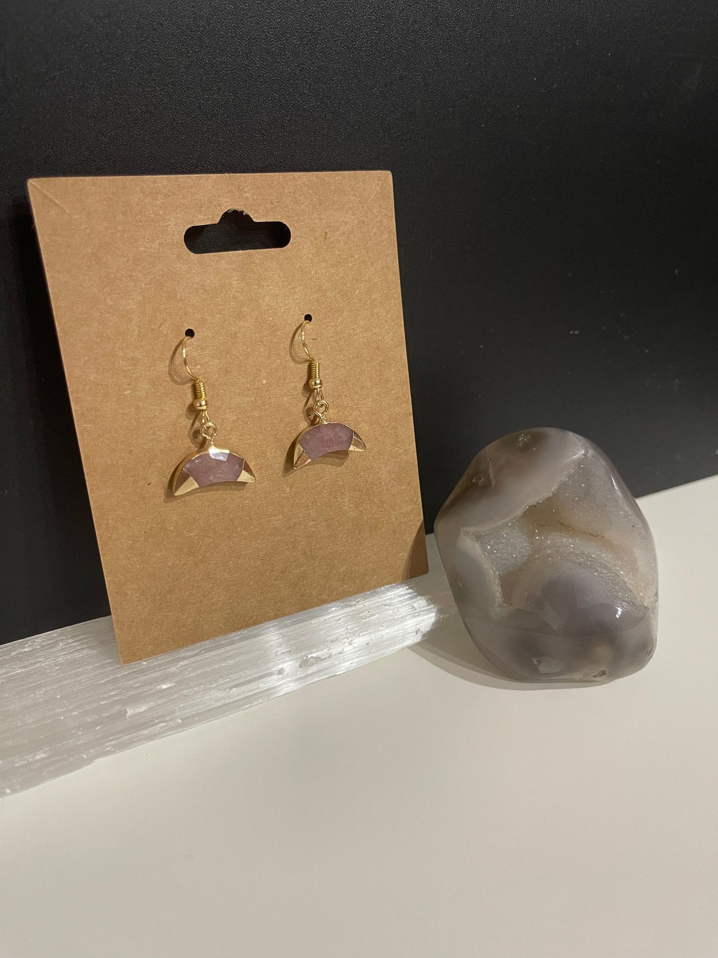 Strawberry Quartz Moon Earrings ( Gold)
