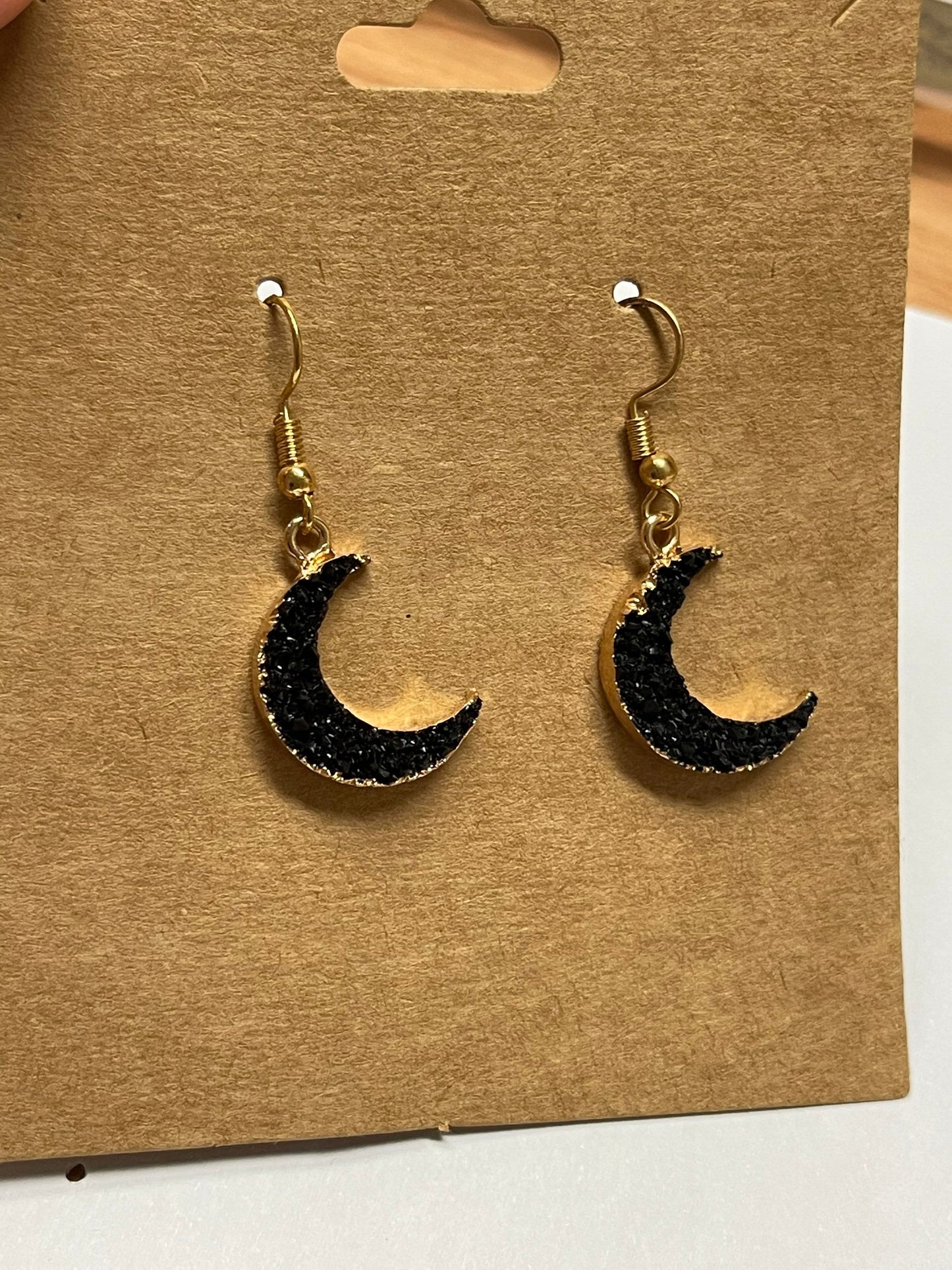 Black Crystal Moon Earrings ( Gold )