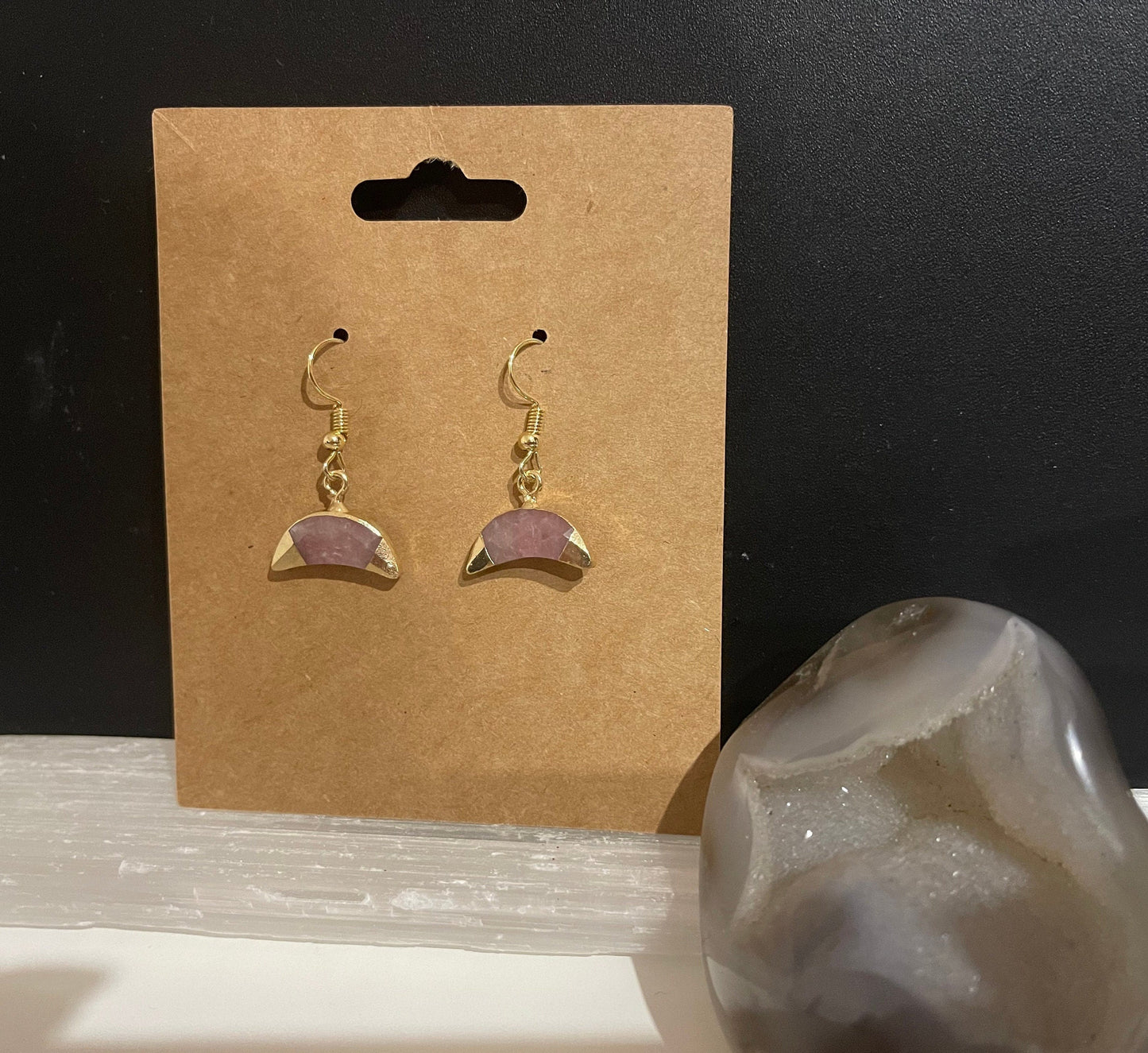 Strawberry Quartz Moon Earrings ( Gold)