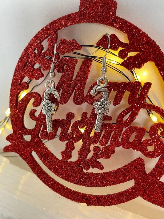 Christmas Candy Cane Earrings ( Silver )