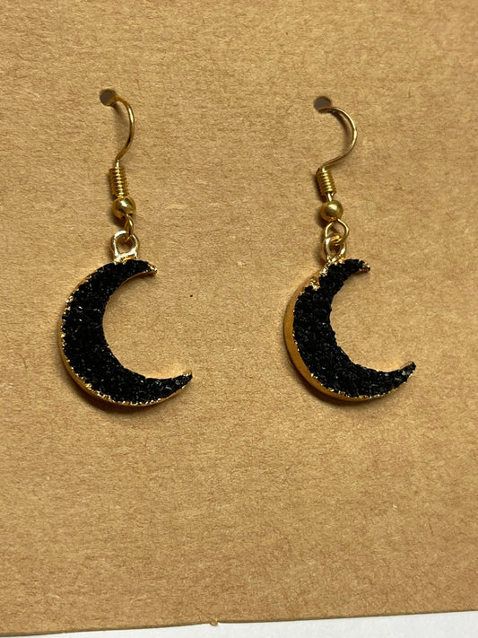 Black Crystal Moon Earrings ( Gold )